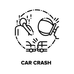Car Crash, Traffic Accident Vector Icon Concept. Automobile Crash, Airbag Deploying, Driver And Passenger Injury And Shocked, Vehicles Impact Crashing And Damaging Black Illustration