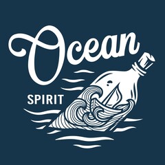 Marine boat inside the bottle on the ocean waves. Nautical wanderlust travel adventure print illustration