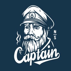 Marine sailor captain with smoking pipe. Nautical wanderlust sea adventure illustration of skipper