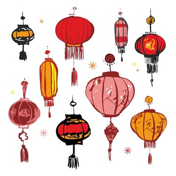 Set of decorative red Chinese lanterns hand drawn in ink on a white background. Elements for decoration cards, invitations, party posters. Background for a religious holiday. Vector illustration.