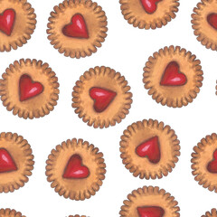 Seamless cookies pattern. Hand drawn sweet cookies with cherry flavour. Heart shape cookies. Greeting cards, wrapping paper, wallpapers, textile.