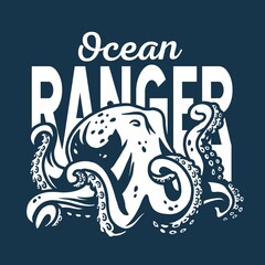 Marine octopus monster or kraken. Nautical wanderlust and adventure illustration. Ocean explorer