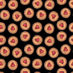 Seamless cookies pattern with hearts on black background. Hand drawn sweet cookies with cherry flavour. Heart shape cookies. Greeting cards, wrapping paper, wallpapers, textile.