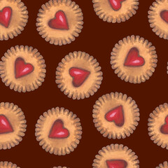 Valentines day seamless cookies pattern. Hand drawn sweet cookies with cherry flavour. Heart shape cookies. Greeting cards, wrapping paper, wallpapers, textile.