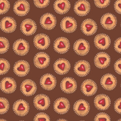 Cute cookies with heart shape. Hand drawn marker cookies isolated on beige background. Lovely greeting wrapping paper.