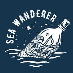 Marine boat swing on the waves inside the bottle at starry sky space. Nautical wanderlust and adventure illustration