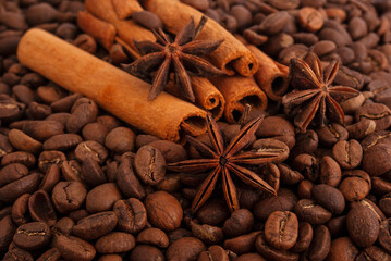 Cinnamon sticks with anise star isolated on coffee background
