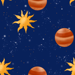 Isolated illustration of the Sun and Jupiter on a cosmic background.