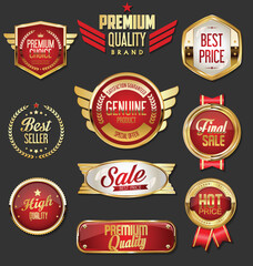 Collection of gold and red badges and labels retro style 