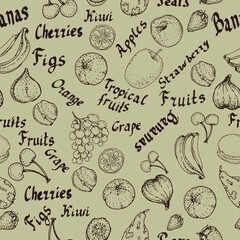 Fruits. Lettering in English, lettering, calligraphy. Exotic. Healthy eating. Seamless patern. Vector hand-drawn graphic illustration. Diet, menu, juice, jam. Apples, cherries, bananas.
