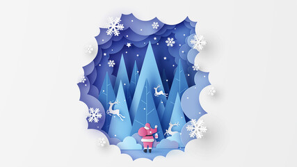 Santa Claus carrying a sack of presents journey into the forest with reindeer flying to sky on Christmas night. Merry Christmas, Happy new year. paper cut and craft style. vector, illustration.