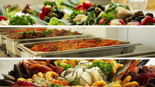catering wedding buffet for events. pilaf. Rice with meat and vegetables. Menu for the restaurant. Mixed seafood salad served with shrimp, fish, shellfish, squid and assorted vegetables. Close-up appe