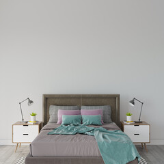 modern bedroom with bed and pillows, 3d render