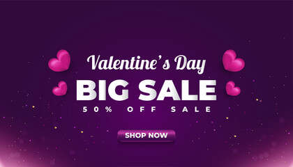 Valentine's day sale banner with purple heart on dark background for your shop advertisement or promotion