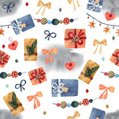 Seamless texture of watercolor christmas elements. Bright New Year's print with gifts and garlands - 401639509