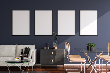 Luxury living room in a loft style appartement with sofa, coffee table, dining area, sideboard,,...