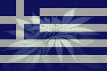 Weed Decriminalization in Greece. leaf of cannabis marijuana on the flag of Greece. Medical...