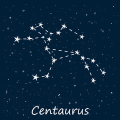 Constellation of Centaurus in starry night sky. Celestial body in space, latin inscription. Vector stock illustration in cartoon style. Can be used in astronomy textbooks, fashion magazines.