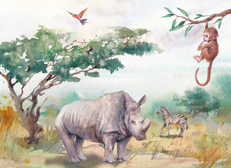 Watercolor Africa landscape with wild animals. Hand painted nature view and rhino, chimp, zebra. Beautiful safari scene - 401640352