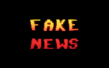 A funky, colorful game screen, in 8 bit retro style, with the waving distorted text Fake News. Red and yellow color gradients.
