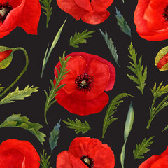 Seamless texture of watercolor summer meadow flowers - poppies and herbs. Bright floral print with natural elements on black background - 401640958