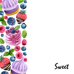 Watercolor background with sweet desserts, mint and place for text. Template with cakes and berries - 401641310