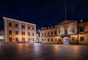 The old town hall and Brinkkala mansion in the old great square in Turku, Finland at night