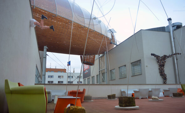 Prague, Czech Republic, 12-28-2018 DOX Centre for Contemporary Art in Prague roof terrace