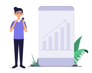 a man holding a mobile phone and a drink. eyes staring at the phone with a smile. on the left there is a screenshot showing the good progress. white background. vector illustration.