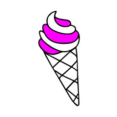 Black hand-drawn vector illustration of One fresh cold pink ice cream in a waffle cone isolated on a white background