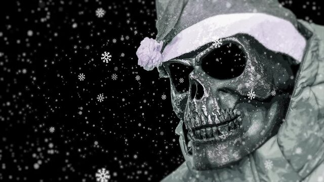 Dead Santa Claus, fairy character in the form of a skeleton or skull on a black background with falling snowflakes