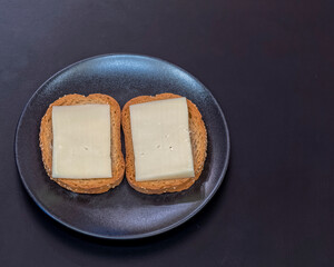 whole grain and sesame rusks with low fat cheese in black dish on black table