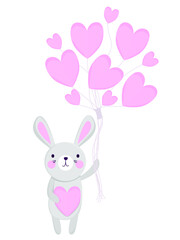 Cute scandinavian hand drawn bunny rabbit holding heart shaped pink balloons. Simple flat style vector illustration for Valentines day, Easter. Clip art romantic childish animal character.