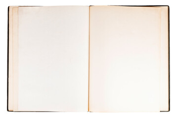 Simple single old open empty blank notebook, spread book pages top view, text space object isolated...