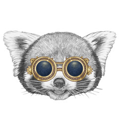 Portrait of Red Panda with goggles. Hand-drawn illustration.