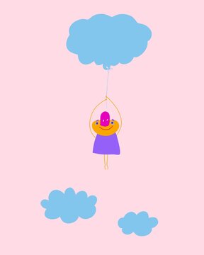 Cartolina compleanno bambino vola con palloncino a forma di una nuvola. Felicità, libertà. Un bel sogno. Sognare. Disegno bello rosa e azzurro.