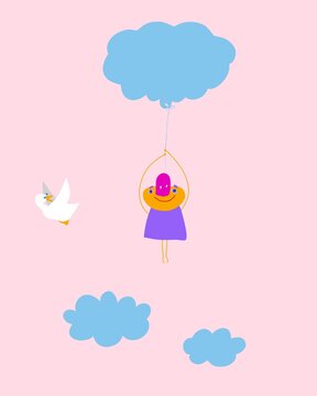 Cartolina compleanno bambino vola con palloncino a forma di una nuvola. Felicità, libertà. Un bel sogno. Sognare. Disegno bello rosa e azzurro.