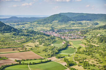 Schwäbische Alb (Swabian Alb) near Stuttgart – Germany, Beautiful View, Hilly, Landscape, green, village, horizon, cloudscape