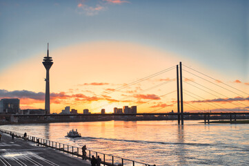 Fototapeta na wymiar City of Düsseldorf. Its monuments, promenade and river Rhine. 