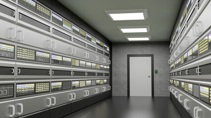 Secure server room, data center, cloud computing facility interior, lots of server racks, multiple computers room inside view. Web hosting, cloud software, supercomputer cluster abstract concept, 3d