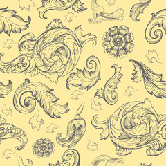 
Acanthus leaf, Victorian style, Baroque, curls, corners. Graphic hand-drawn vector illustration. print, textiles, paper. Ink, line, engraving. Seamless patern
