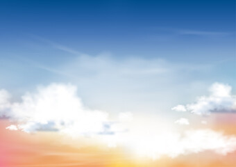 Colour sky with white clouds background, Vector mesh of nature pink, yeloow and orang sky in Summer or spring,Horizon Sunset or sunrise  and fluffy cloud in morning