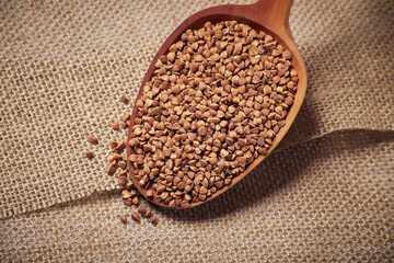 Top view of uncooked buckwheat grain seeds in the wooden spoon on the background of sackcloth