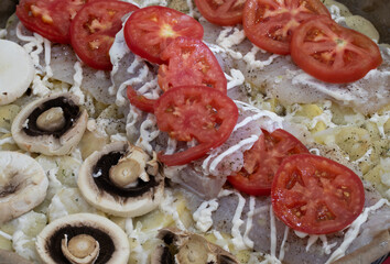 chicken breast. Cooked chicken with tomatoes. Chicken with mushrooms, tomatoes and melted cheese
