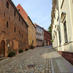 Fototapeta na wymiar Historic stone street in the beautiful city of Grudziadz, Poland