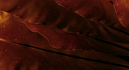 Zbliżenie na ciemno czerwone liście z kroplami wody, ujęcie makro, klimatyczne mroczne tło roślinne. - obrazy, fototapety, plakaty