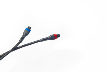 Two digital twisted usb cables with colored red and blue micro usb connectors