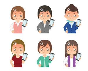 怒った赤い顔でスマホを持つ女性　セット　イラスト
