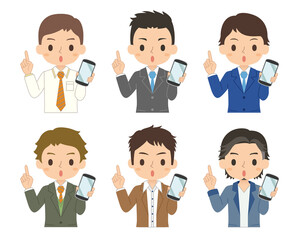 指差しポーズでスマホを持つ男性　セット　イラスト