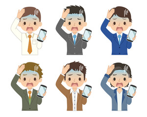 焦った青い顔でスマホを持つ男性　セット　イラスト